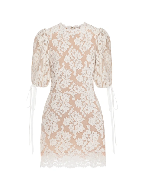 Бежевое платье-мини из кружева, 1