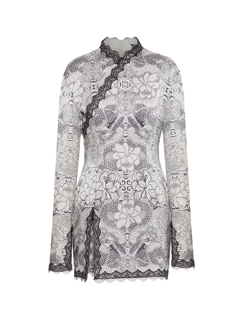 Светло-серое платье-мини с принтом и кружевом, 1