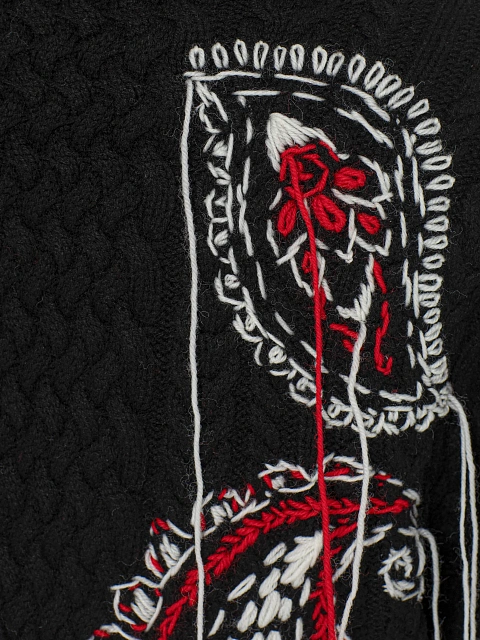 Черное вязаное пальто с косами и вышивкой, 5