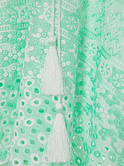 Зеленая детская туника из хлопка с белыми помпонами, 3 Зеленая детская туника из хлопка с белыми помпонами, 3