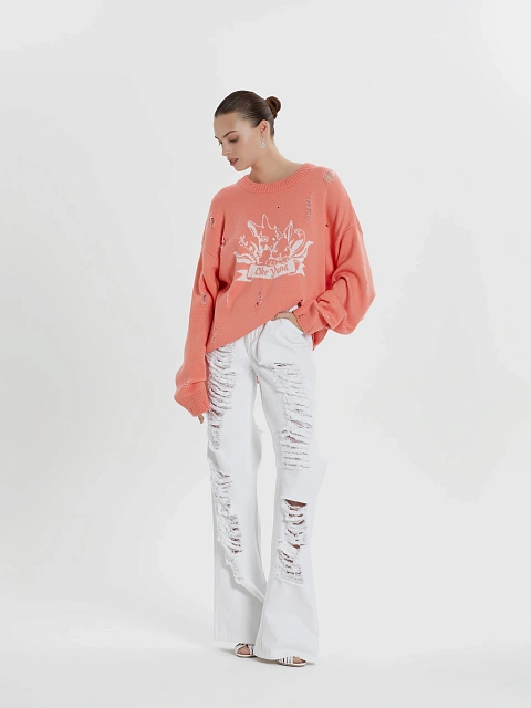 Коралловый свитер из хлопка с принтом и дырками, 5