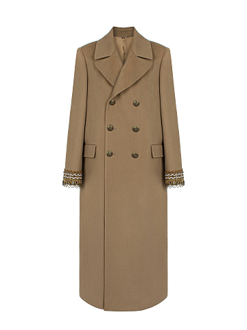 Бежевое двубортное пальто с вышивкой на рукавах, 1