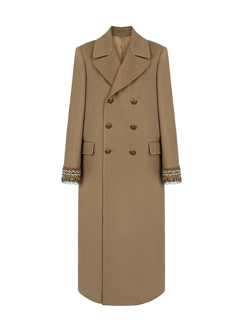 Бежевое двубортное пальто с вышивкой на рукавах, 1 Бежевое двубортное пальто с вышивкой на рукавах, 1