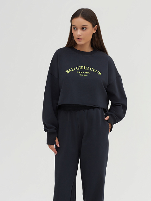 Черно-серый трикотажный костюм Bad Girls Club с салатовой вышивкой, 6