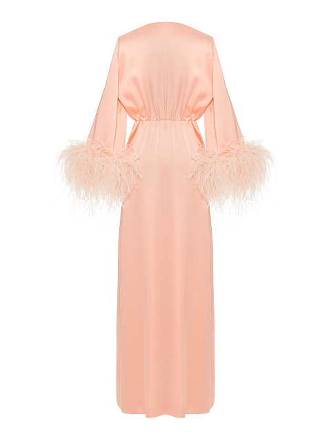 Розовое атласное платье-макси с боа на рукавах, 3