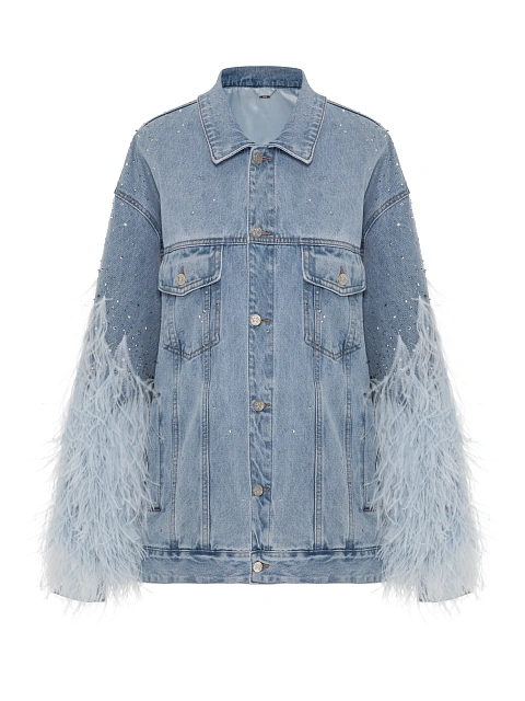 Голубая объемная куртка из денима с перьями и стразами, 1