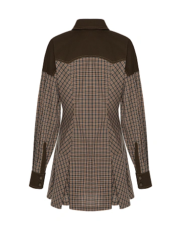 Коричневое платье-мини в клетку с отделкой из денима, 2