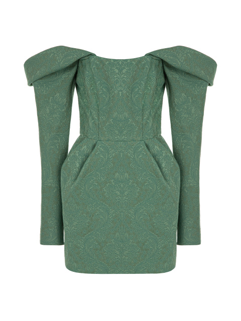 Зеленое платье-мини из жаккарда, 1