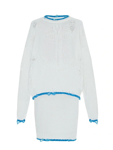 Белый вязаный комплект из свитера и юбки-миди, 1 Белый вязаный комплект из свитера и юбки-миди, 1