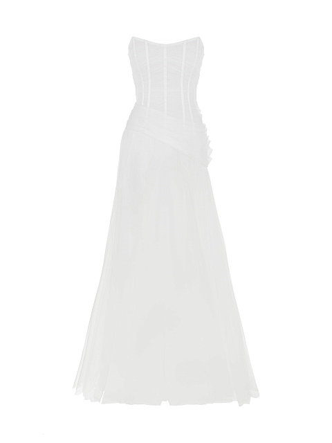 Белое платье из фатина с драпировкой и стразами, 1