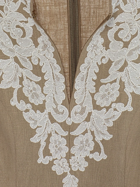 Бежевое платье-мини из льна с белым кружевом, 3