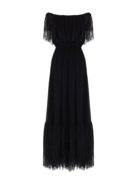 Черное платье из шифона с воланами и кружевом, 1