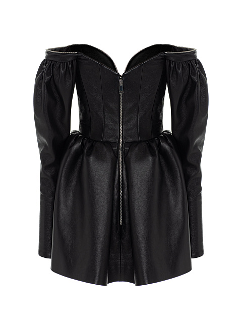 Черное платье-мини из кожи с открытыми плечами, 2