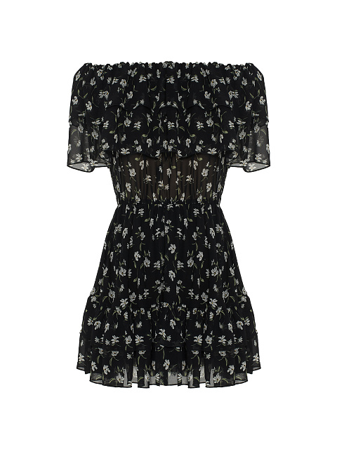 Черное шифоновое платье-мини с открытыми плечами, 1