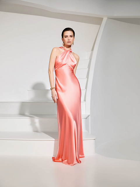 Коралловое шелковое платье-макси с драпировкой, 2 Коралловое шелковое платье-макси с драпировкой, 2