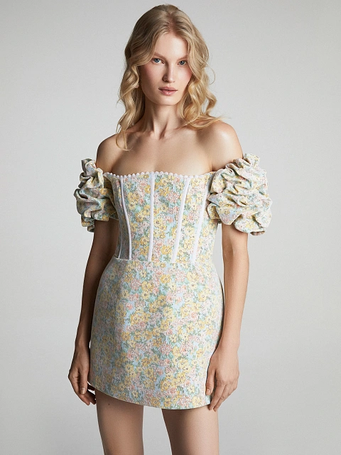 Желтое платье-мини из сетки и хлопка с цветочным принтом, 2