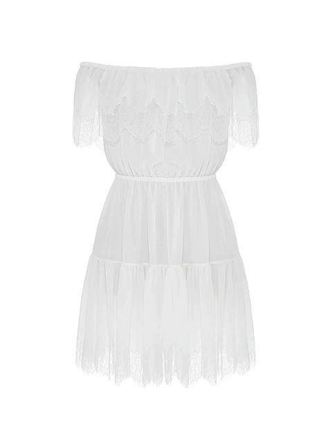Белое платье-мини из шифона с кружевом, 1