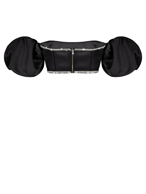 Черный атласный топ с рукавами-фонариками и стразами, 3