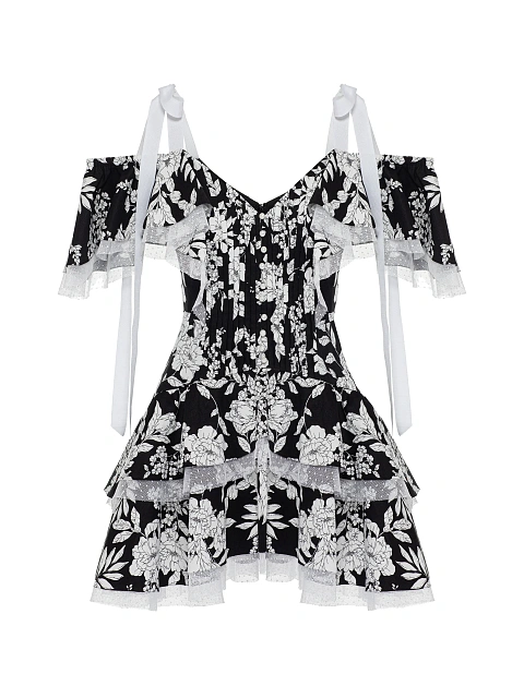 Черное платье-мини из хлопка с белым принтом и кружевом, 1