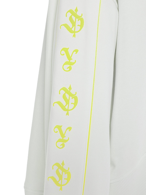 Белый костюм с укороченной толстовкой и неоново-желтой вышивкой, 5