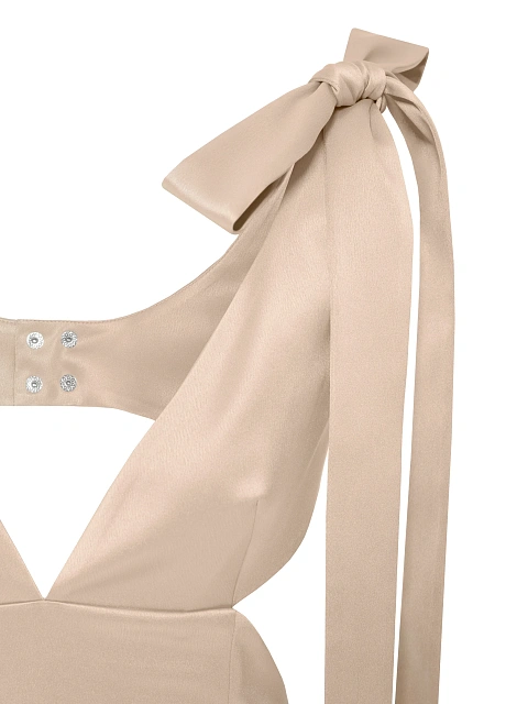 Бежевое платье-макси из атласа с вырезами и шлейфом, 4