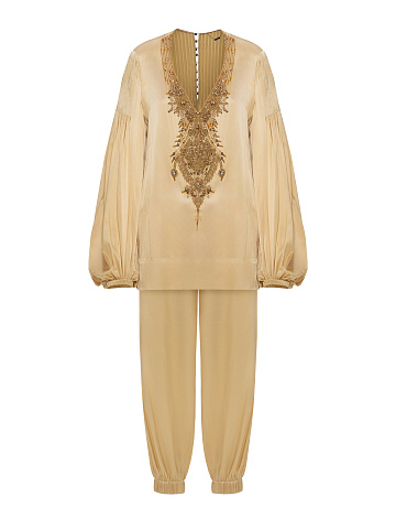 Золотой шелковый костюм-двойка с вышивкой, 1