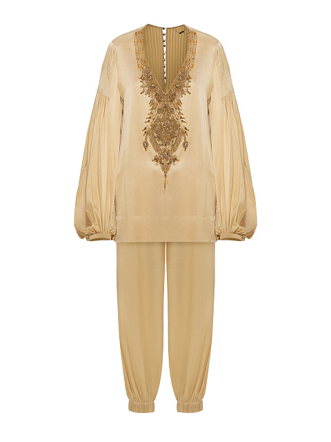 Золотой шелковый костюм-двойка с вышивкой, 1