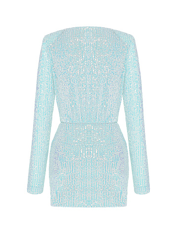 Голубое платье-мини с пайетками и драпировкой, 2