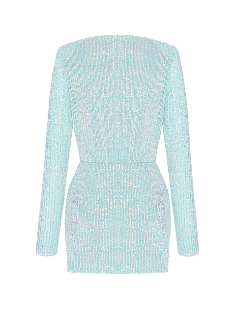 Голубое платье-мини с пайетками и драпировкой, 2