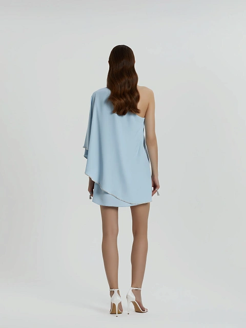 Голубое асимметричное платье-мини со стразами, 8