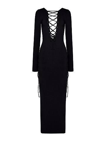 Черное трикотажное платье-макси с вырезами и шнуровкой, 2