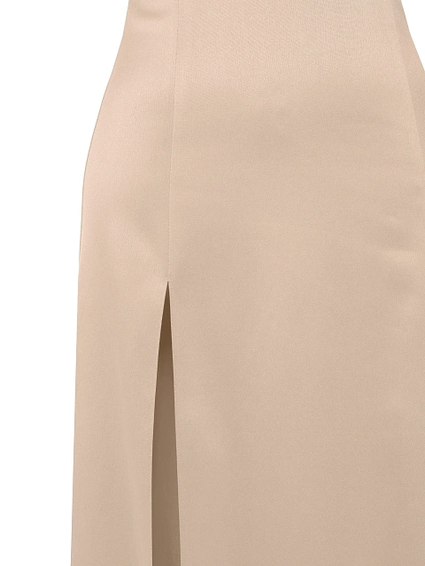 Бежевое платье-макси из атласа с вырезами и шлейфом, 3