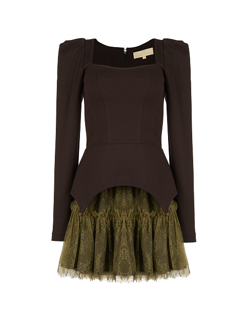 Коричнево-зеленый комплект из топа и кружевной юбки, 1