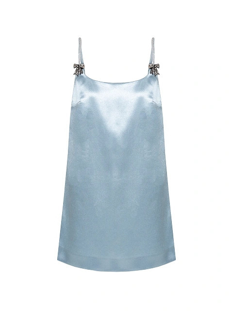 Голубое платье-мини из атласа с бантами из страз, 1