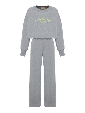 Серый трикотажный костюм Bad Girls Club с салатовой вышивкой, 1