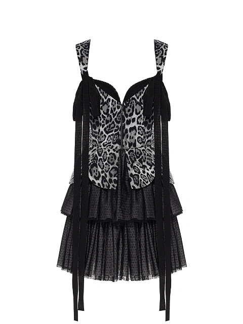 Серое платье-мини из хлопка с леопардовым принтом и сетки, 3 Серое платье-мини из хлопка с леопардовым принтом и сетки, 3