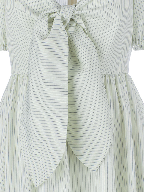 Платье лаймового цвета полоску с бантом на груди, 3