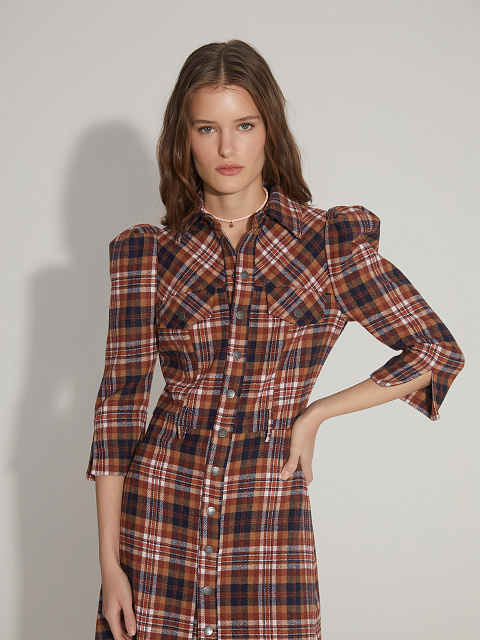 Коричнево-синее шерстяное платье-миди в клетку, 7