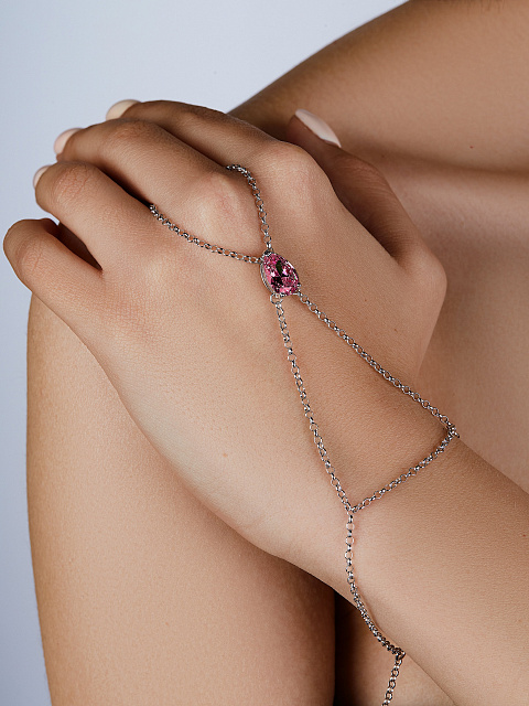 Слейв-браслет из серебра с розовым фианитом огранки «груша», 2