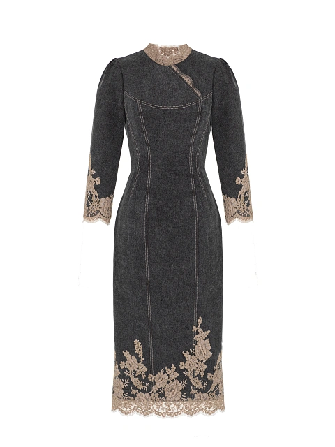 Платье-миди из серого денима с кружевом, 1