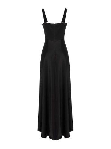 Черное платье-макси из шелка с вырезом и золотой розой, 2