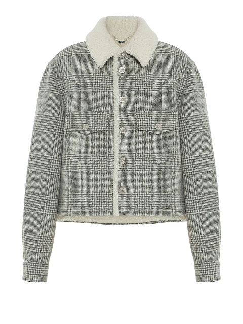 Серая куртка в клетку с белым подкладом из овчины, 1