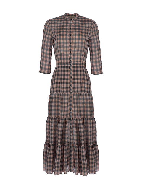 Шифоновое персиковое платье-миди в зеленую клетку, 1