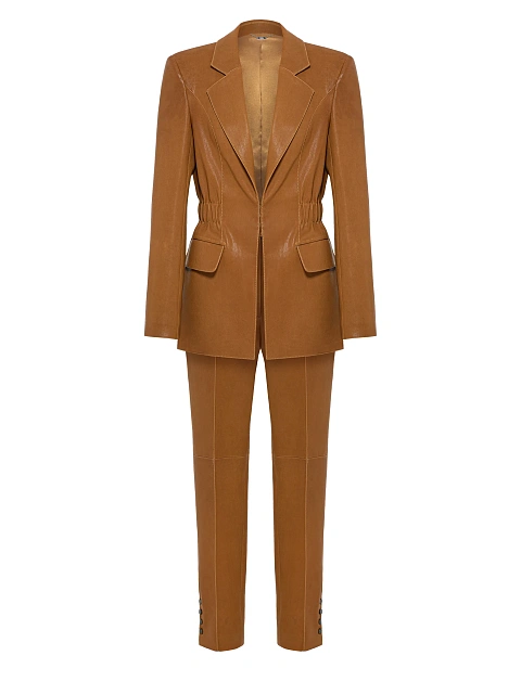 Коричневый кожаный костюм-двойка из приталенного жакета и брюк со стрелками, 1