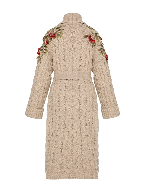 Бежевое вязаное пальто с вышивкой в виде рябины, 3
