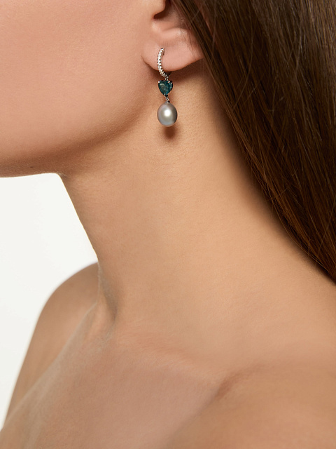 Серьги из белого золота с топазом в огранке «сердце» и серым жемчугом, 2 Серьги из белого золота с топазом в огранке «сердце» и серым жемчугом, 2