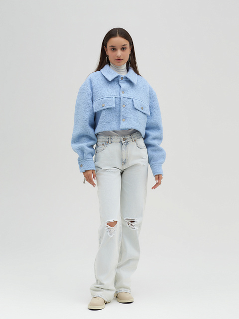 Укороченная куртка-рубашка из голубого букле, 4