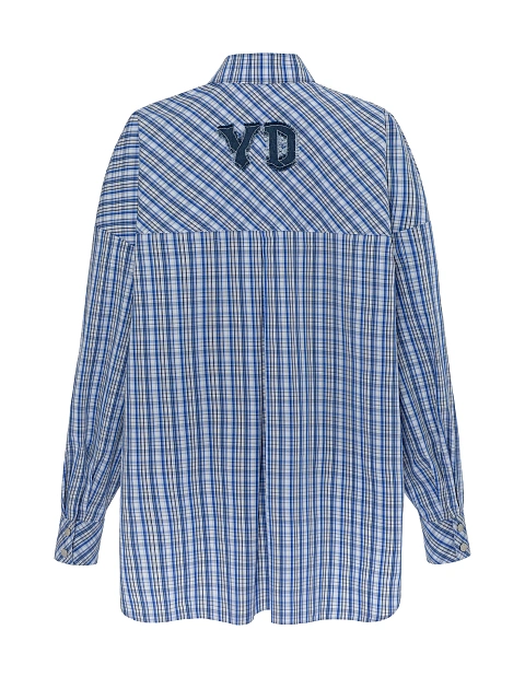 Синяя рубашка из хлопка в клетку с отделкой из денима, 2