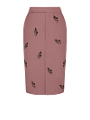 Юбка из розовой костюмной ткани, длина ниже колена, шлица спереди, вышивка цветы