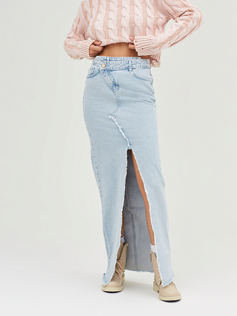 Голубая юбка-макси из денима с разрезом, 7